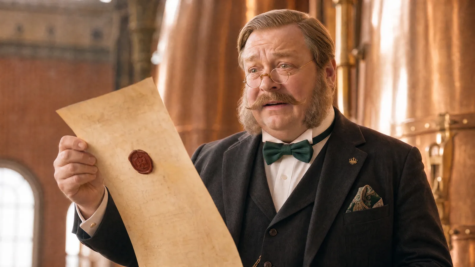 The brewery director in a bow tie reads a letter sealed with red wax among the copper kettles: a still from the Siberian Crown 0.0% AI animatic