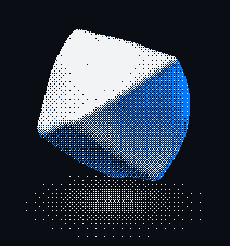 A twisted cube drawn in white and blue dither cells on black